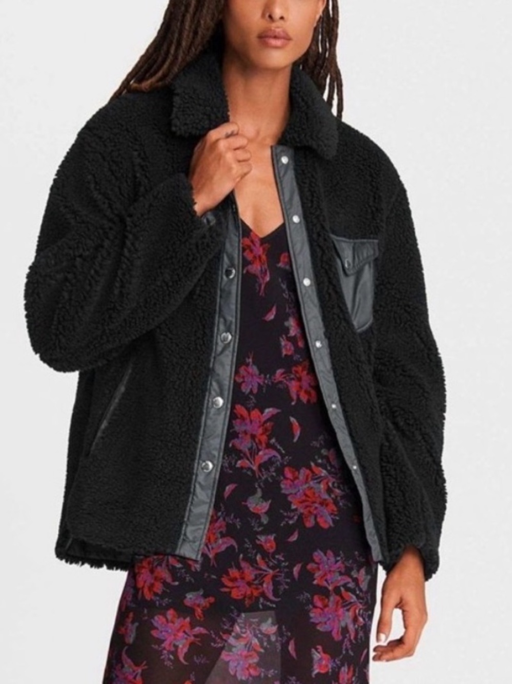 rag & bone Black Sherpa Shirt-Jacket with Leather Trim
